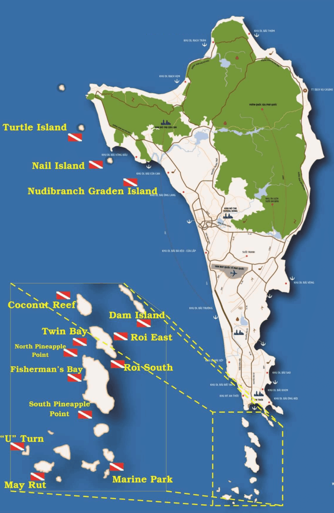 map of diving sites in Phu Quoc including Turtle Island An Thoi Islands and southern reef dive areas