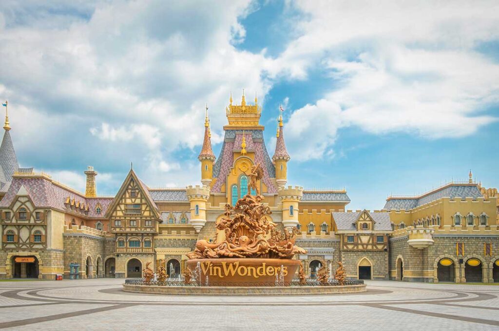 Main entrance square and castle style buildings at VinWonders Phu Quoc theme park in northern Phu Quoc