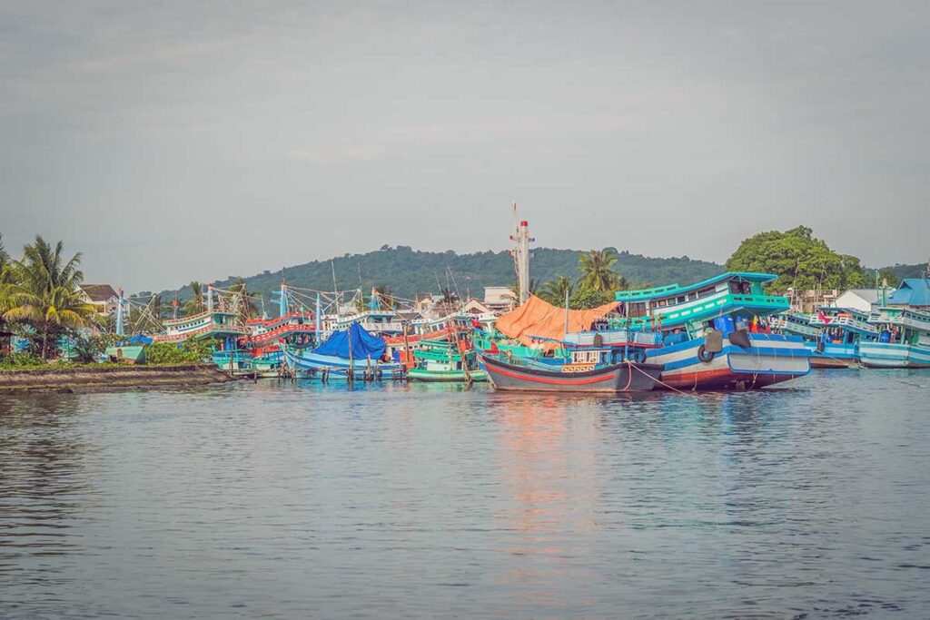 Colorful fishing boats in a local fishing village in Phu Quoc Vietnam