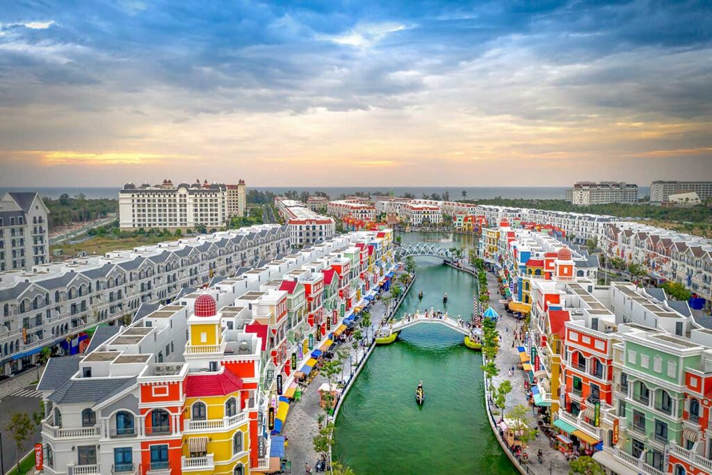 Drone view of Grand World Phu Quoc with the Venice style canal colorful buildings and gondola boats in northern Phu Quoc