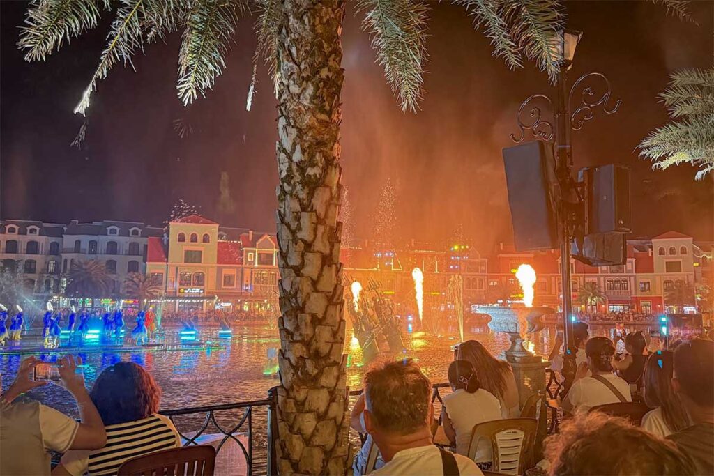 Visitors watching the evening water and fire show at Grand World Phu Quoc in northern Phu Quoc