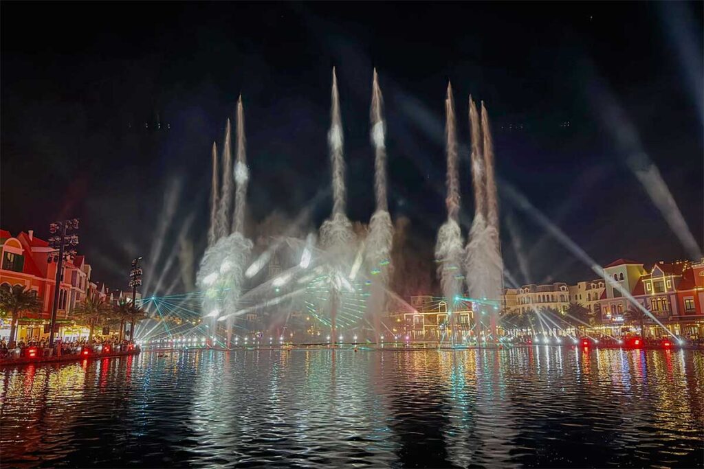 Water fountain and light show at Grand World Phu Quoc during the evening performance on the lake