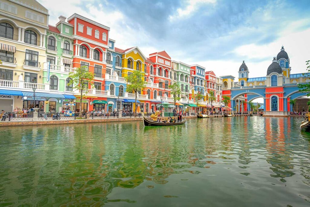 Grand World Phu Quoc canal with gondola boats and colorful European style architecture in northern Phu Quoc