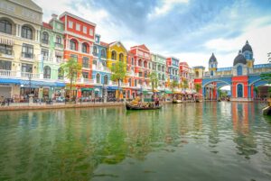 Grand World Phu Quoc canal with gondola boats and colorful European style architecture in northern Phu Quoc