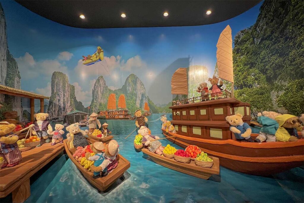 Teddy bear themed floating market display inside the Teddy Bear Museum at Grand World Phu Quoc in Vietnam