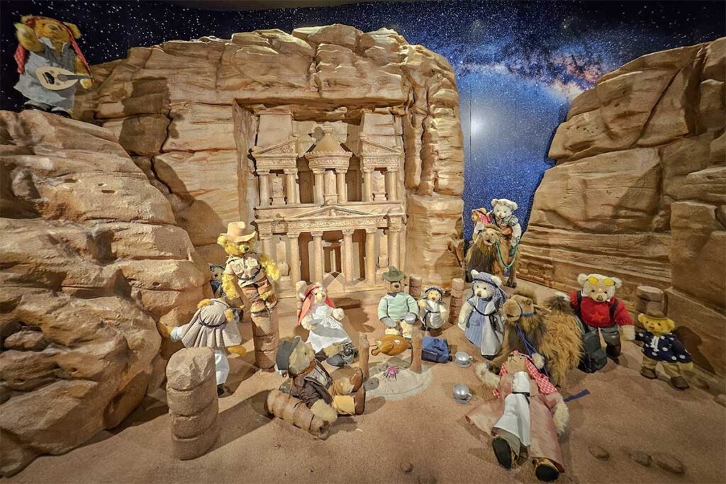 Teddy bear display inside the Teddy Bear Museum at Grand World Phu Quoc inspired by ancient desert ruins and adventure travel