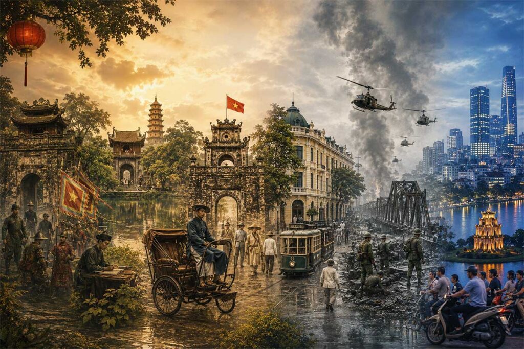 A composite illustration showing the history of Hanoi from ancient temples and imperial gates through French colonial streets to war helicopters and the modern city skyline