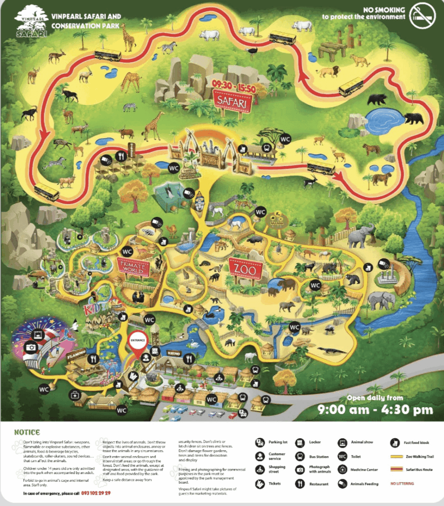 Map of Vinpearl Safari Phu Quoc showing the safari bus route open zoo walking areas restaurants animal zones and visitor facilities