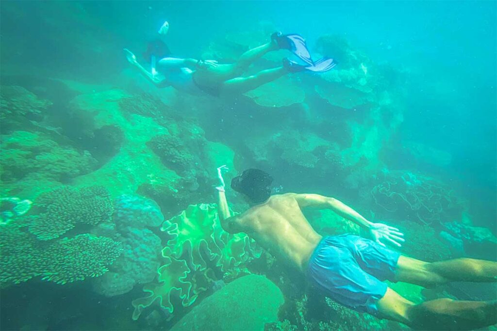 Underwater snorkeling scene in Phu Quoc with travelers swimming above coral reefs and tropical marine life