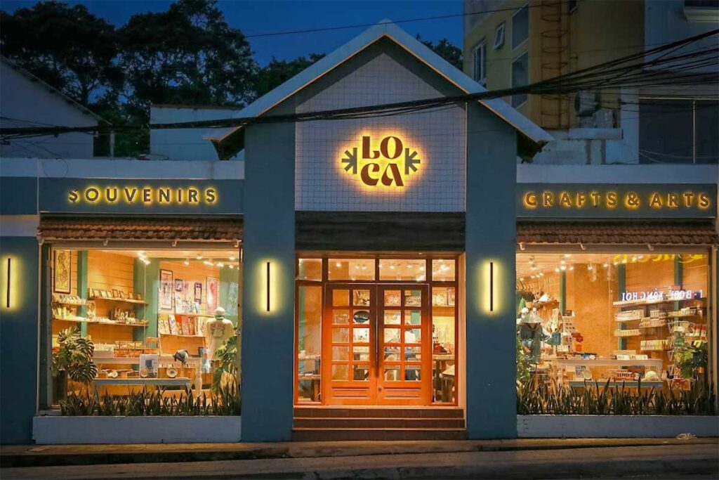 Handicraft and souvenir shop in Phu Quoc selling local gifts art decorations and handmade travel souvenirs in the evening