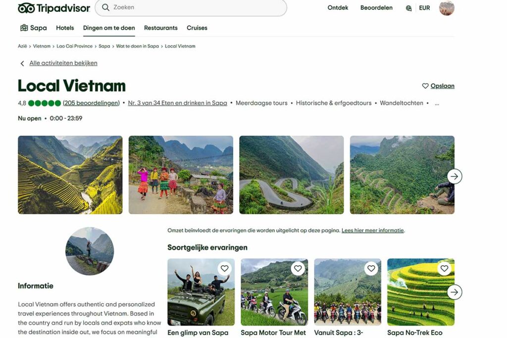 Tripadvisor page showing Local Vietnam in Sapa with high rating traveler reviews tour categories and photos of rice terraces mountain roads and local experiences