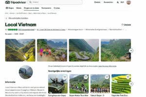 Tripadvisor page showing Local Vietnam in Sapa with high rating traveler reviews tour categories and photos of rice terraces mountain roads and local experiences