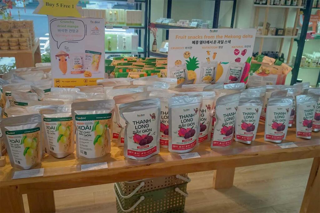 Vietnamese dried fruit snacks and packaged local food souvenirs for sale in a specialty shop in Phu Quoc