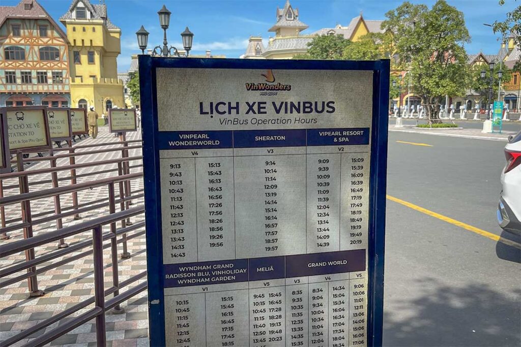 VinBus shuttle timetable sign for transportation to VinWonders Phu Quoc and nearby Vinpearl attractions