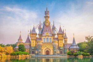 Fairy tale castle at VinWonders Phu Quoc surrounded by water and colorful towers in northern Phu Quoc