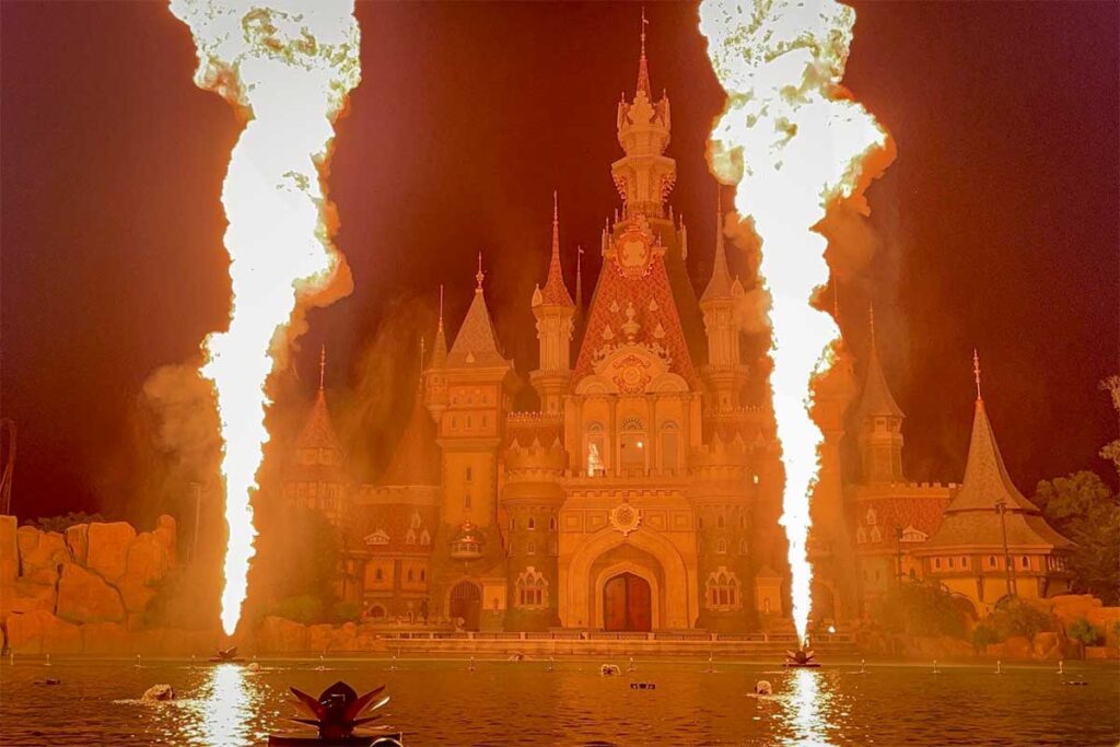 ONCE evening show at VinWonders Phu Quoc with large fire effects and illuminated castle at night in northern Phu Quoc