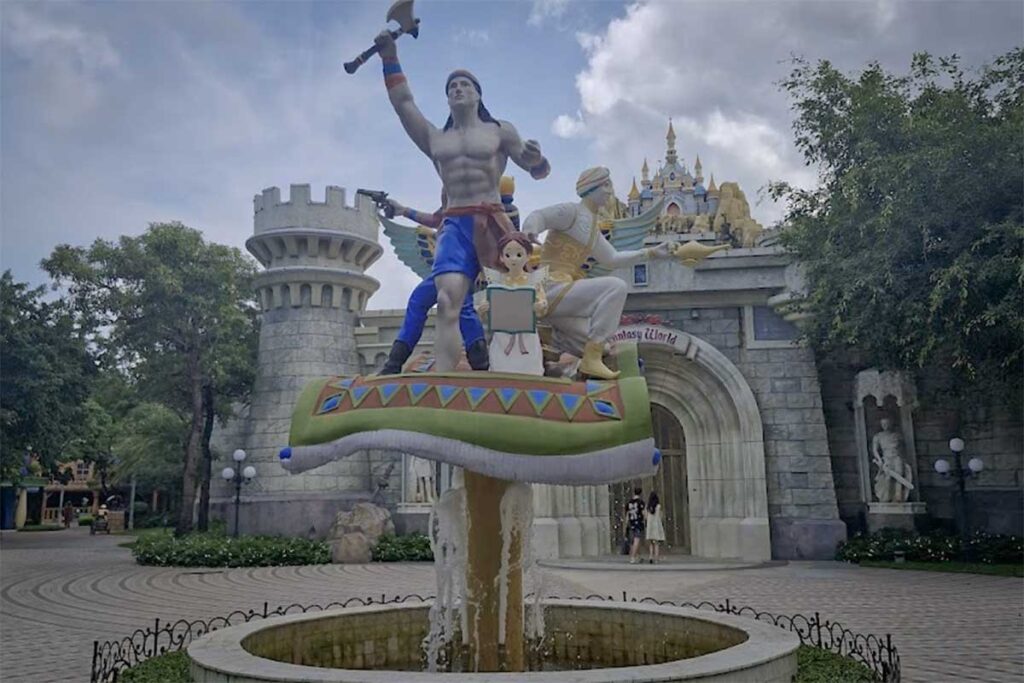 Fantasy World entrance at VinWonders Phu Quoc with fairy tale themed statue and castle style attractions
