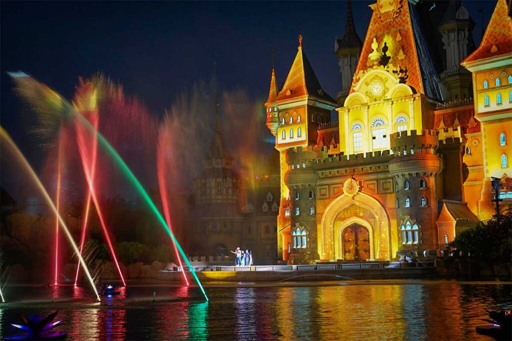 ONCE Show at VinWonders Phu Quoc with colorful water fountains lights and castle backdrop at night