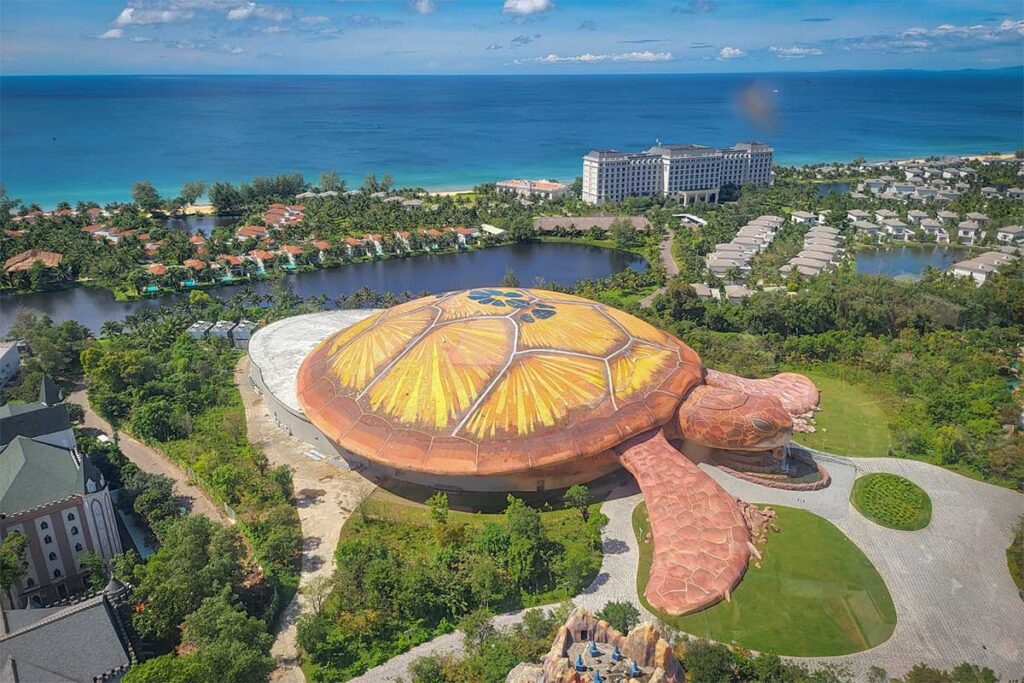 Aerial view of The Sea Shell turtle shaped aquarium at VinWonders Phu Quoc near Bai Dai Beach