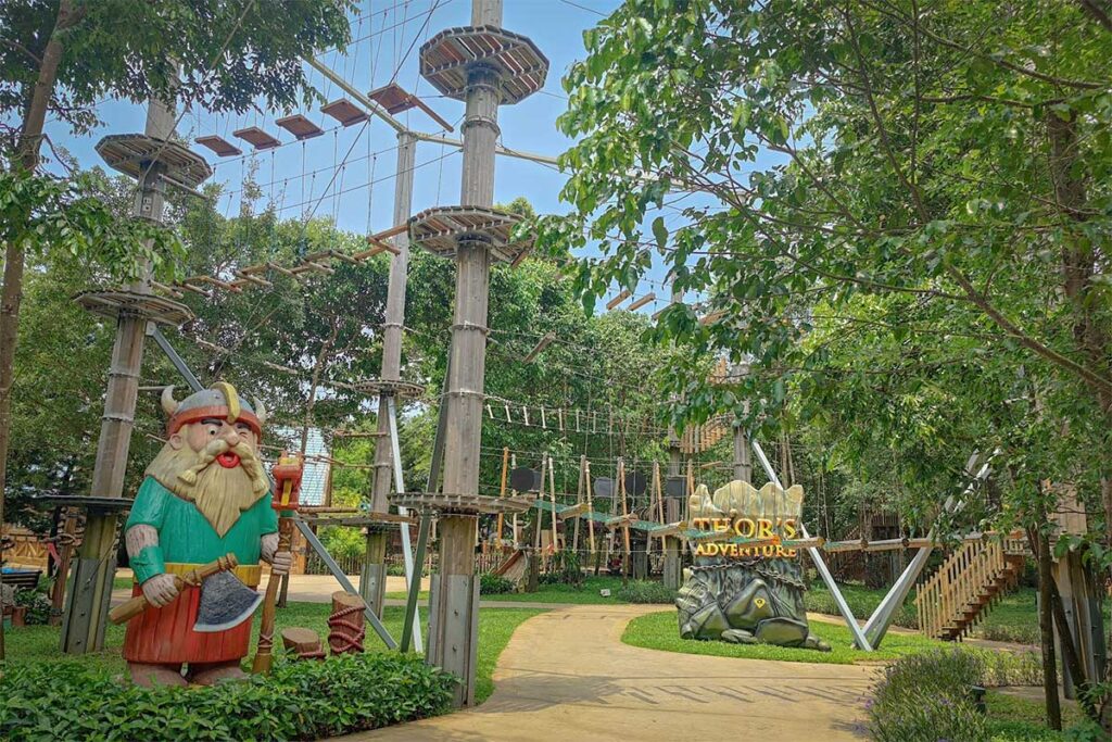Viking obstacle course and rope climbing adventure area at VinWonders Phu Quoc surrounded by tropical forest in northern Phu Quoc