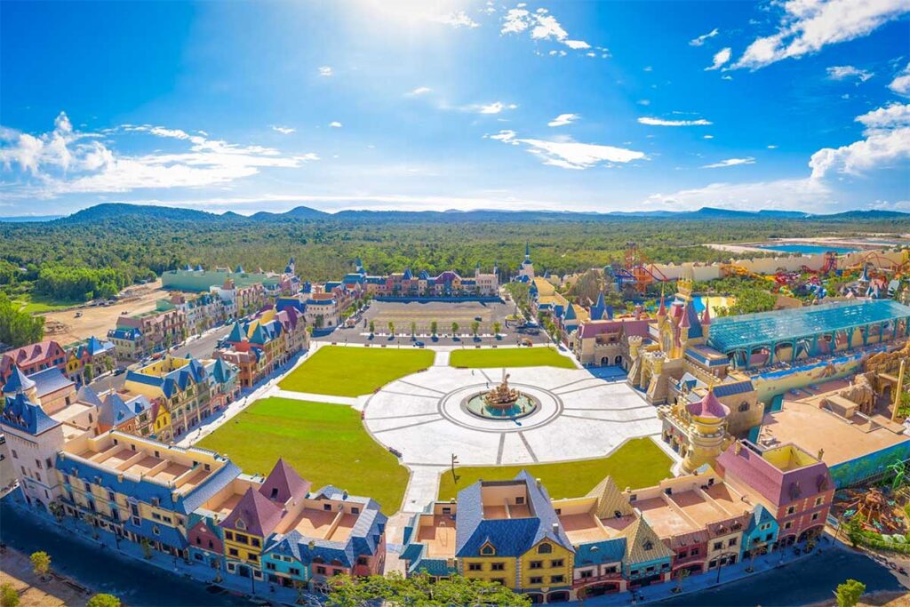 Aerial view of VinWonders Phu Quoc showing themed streets attractions and entertainment zones in northern Phu Quoc
