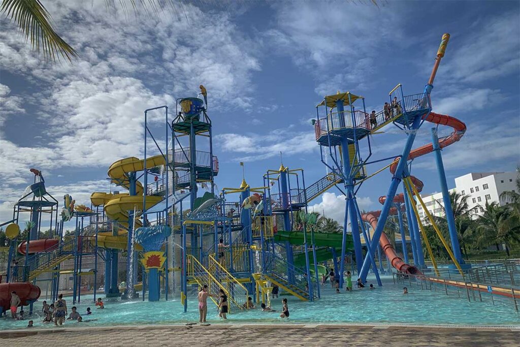 Family water playground and colorful slides at Typhoon World water park in VinWonders Phu Quoc on Phu Quoc Island