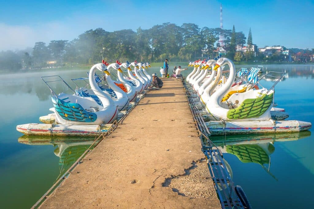 Rows of white swan paddle boats moored along a concrete pier on Xuan Huong Lake in Dalat on a misty morning, with a forested shore and a communications tower behind, a popular thing to do in Dalat