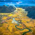 Epic views over the golden yellow rice fields of Bac Son Valley from Bac Son Viewpoint on Na Lay Peak