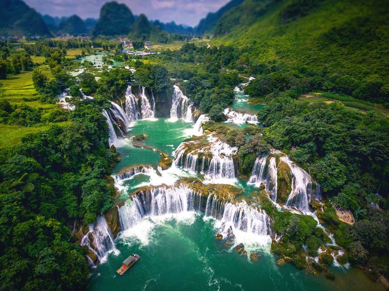 View of Ban Gioc Waterfall, one of the most beautiful natural highlights of Vietnam.