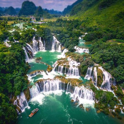View of Ban Gioc Waterfall, one of the most beautiful natural highlights of Vietnam.