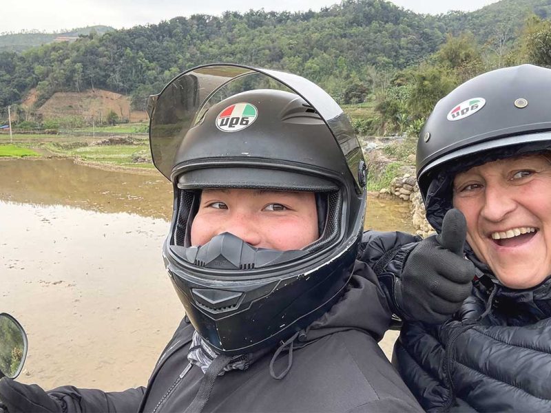 Close-up of Easy Rider and tourist during Ha Giang Loop motorbike tour