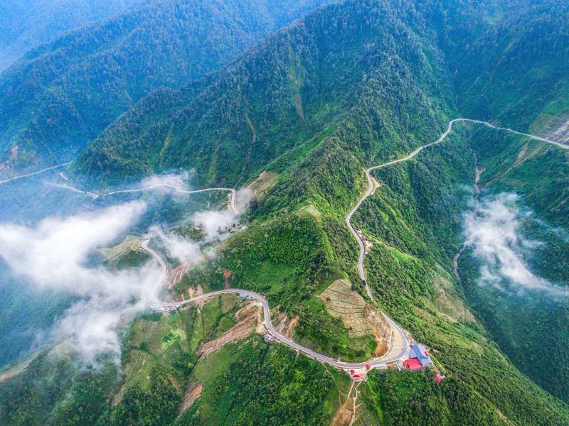 Aerial view of Khau Pha Pass winding through the mountains