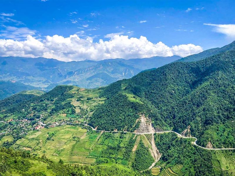 The road called Khau Pha Pass that is winding through the mountains
