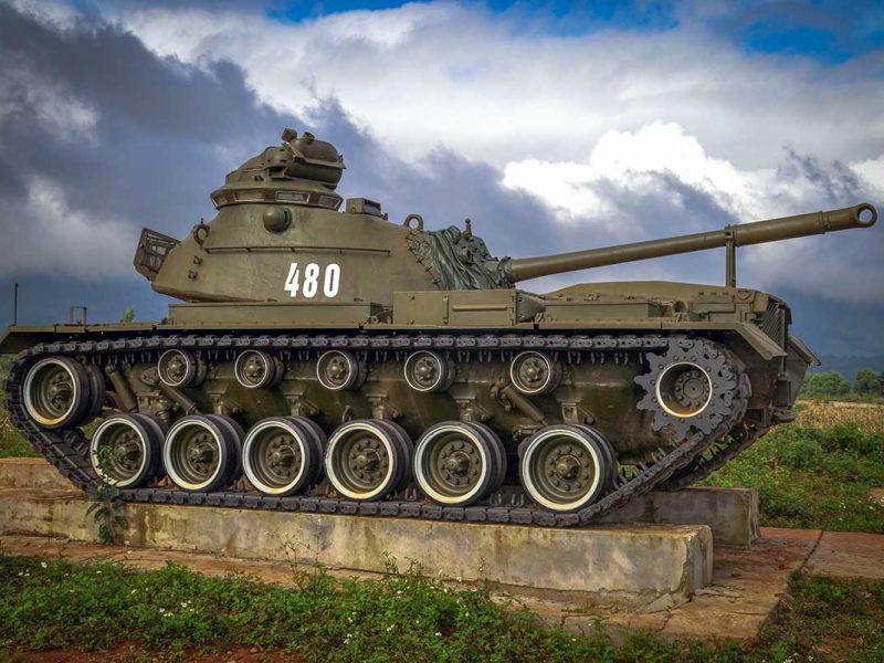 A US Army tank used during the Vietnam War is displayed at Khe Sanh Combat Base part of the Vietnam DMZ