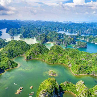 Aerial view over hundreds of islands and rocks in Lan Ha Bay