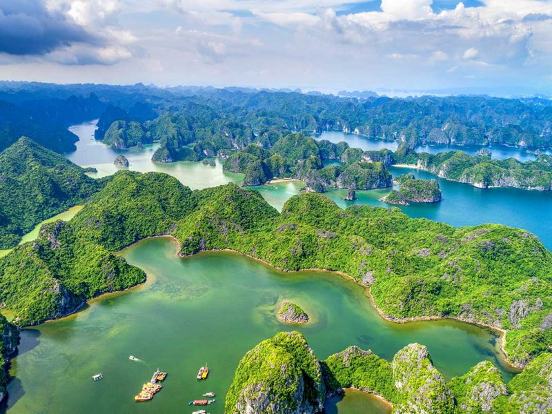 Aerial view over hundreds of islands and rocks in Lan Ha Bay