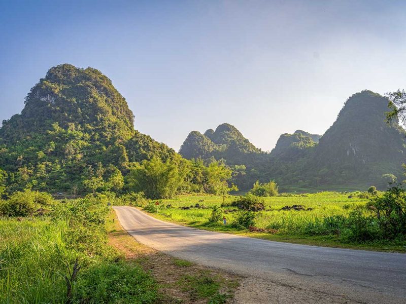 A road through mountain landscape part of Non Nuoc Cao Bang UNESCO Global GeoparkNon Nuoc
