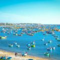 Phan Thiet tours with colorful fishing boats filling the bay near the coastline
