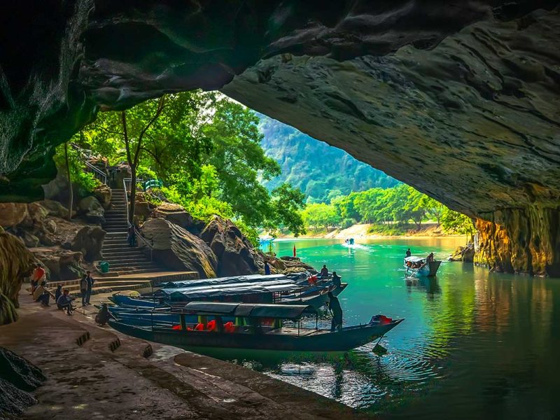 Boats parked inside Phong Nha Cave
