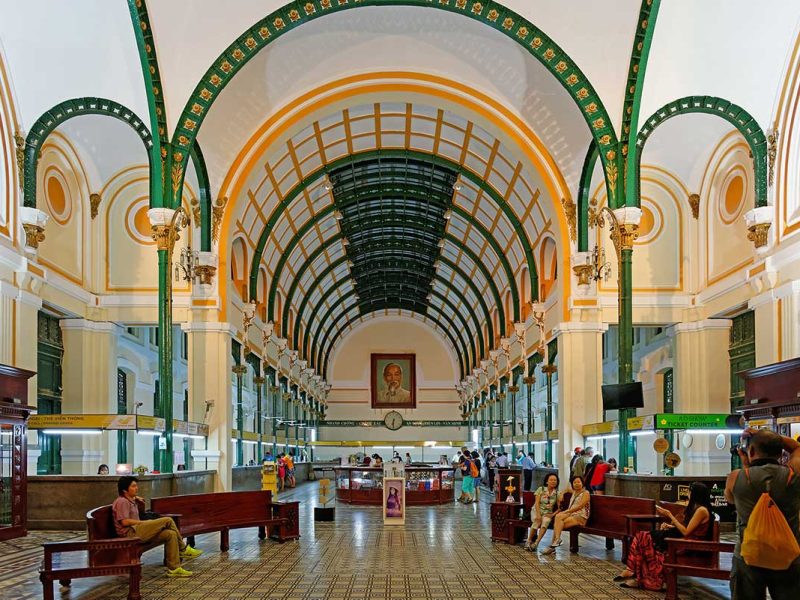 Saigon Central Post Office inside with the portrait of Ho Chi Minh