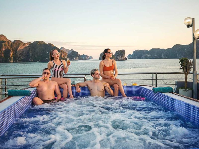 Group of friends in jacuzzi on Sea Lion Cruise