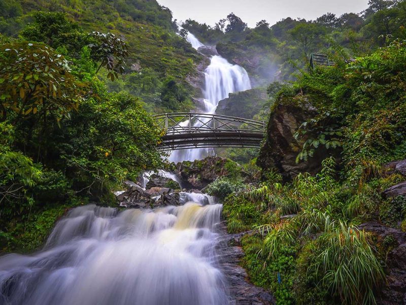 The Silver Waterfall with bridge near Sapa town