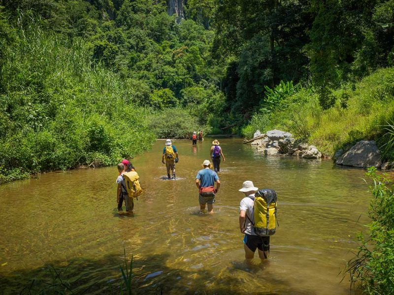Travelers trekking through a river in Phong Nha-Ke Bang National Park, one of the adventure highlights of a Vietnam package tour.