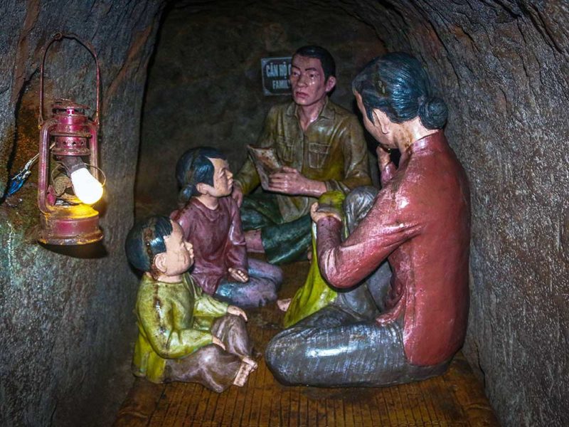 Statues of Vietnamese family displayed inside the Vinh Moc Tunnels to show how life was like during Vietnam War